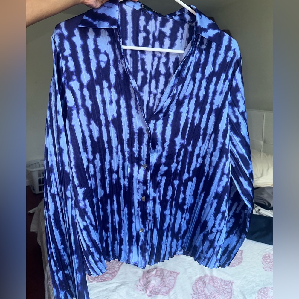 Mango Blue Silk Button Down Shirt